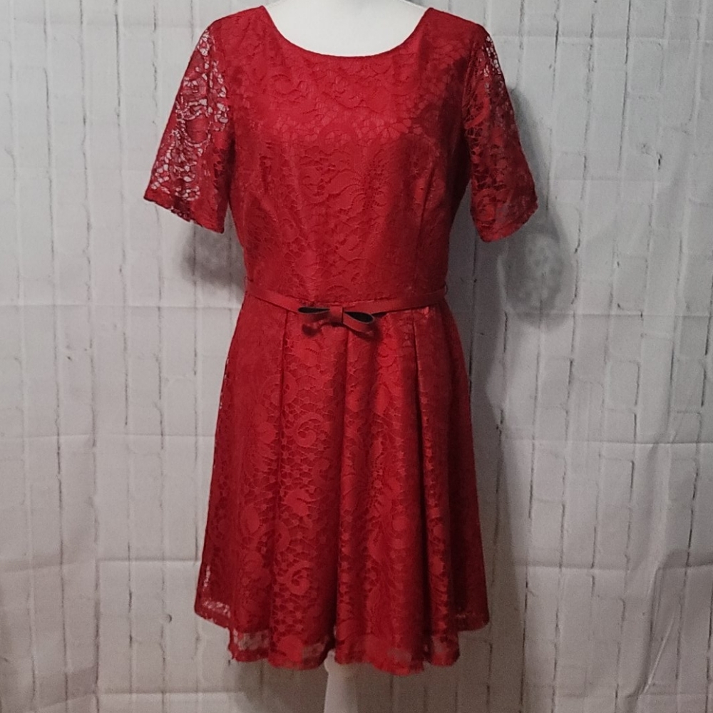 Danny & Nicole Red Laced Pleated Dress
